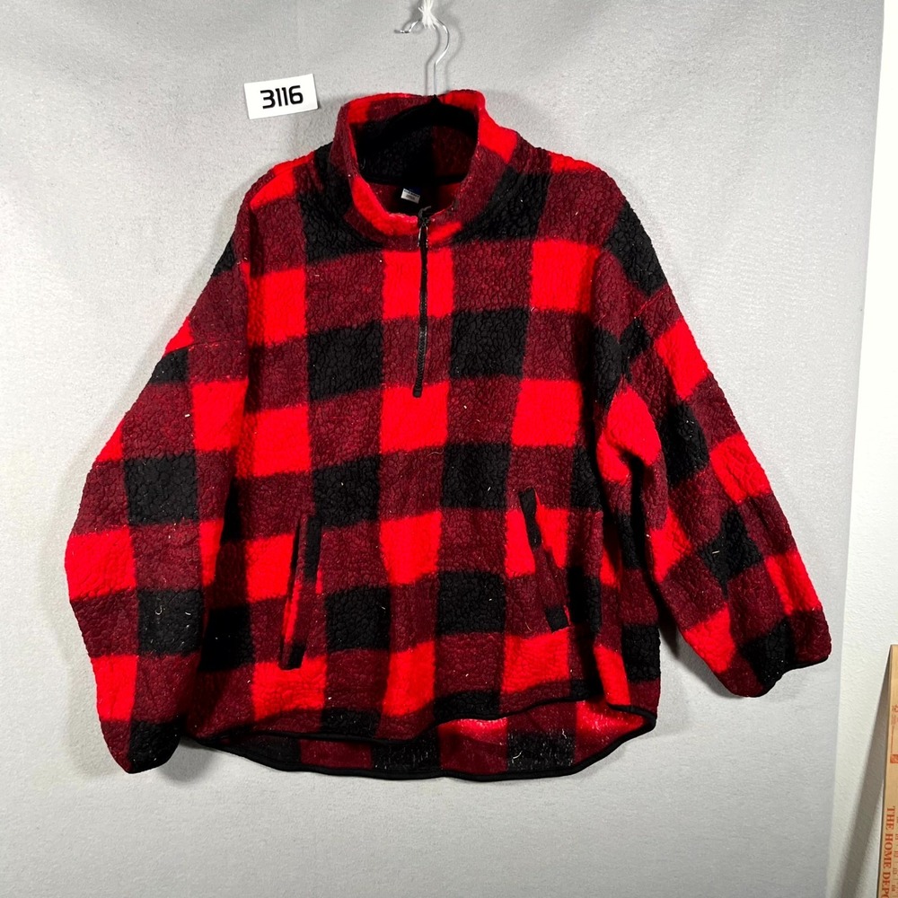 Old Navy Teddy Jacket‎ Mens XL Red Black Buffalo Plaid 1/4 Zip Sherpa Mock Neck